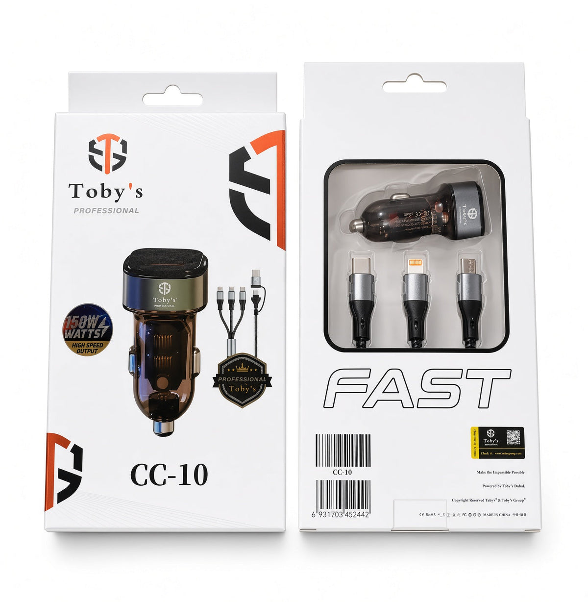 Toby's Professional CC-10 150W Fast Car Charger (3-in-1 Cable)