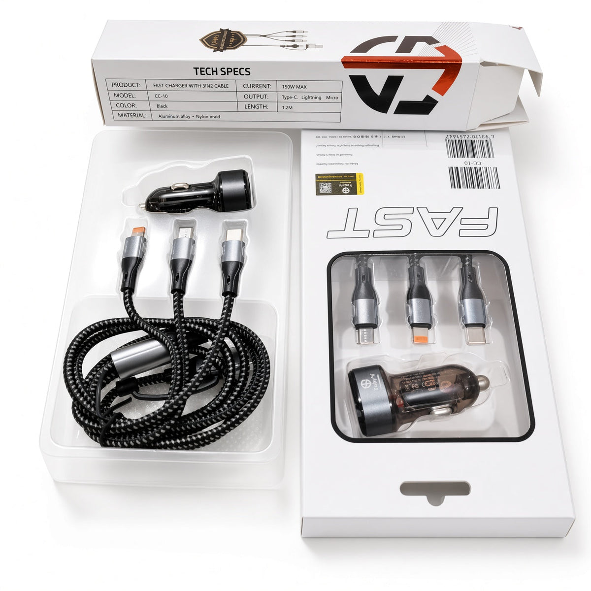 Toby's Professional CC-10 150W Fast Car Charger (3-in-1 Cable)